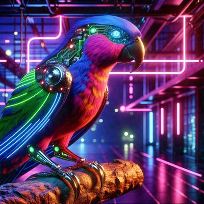 The primary subject of the image is a colorful bird, specifically a parrot, sitting on a branch. The bird is surrounded by a vibrant and lively environment, with neon lights and a futuristic setting. The visual style of the image is a combination of photo and digital art, creating a unique and eye-catching scene. The colors and mood of the image are predominantly bright and energetic, with the bird's vivid colors contrasting against the neon backdrop.